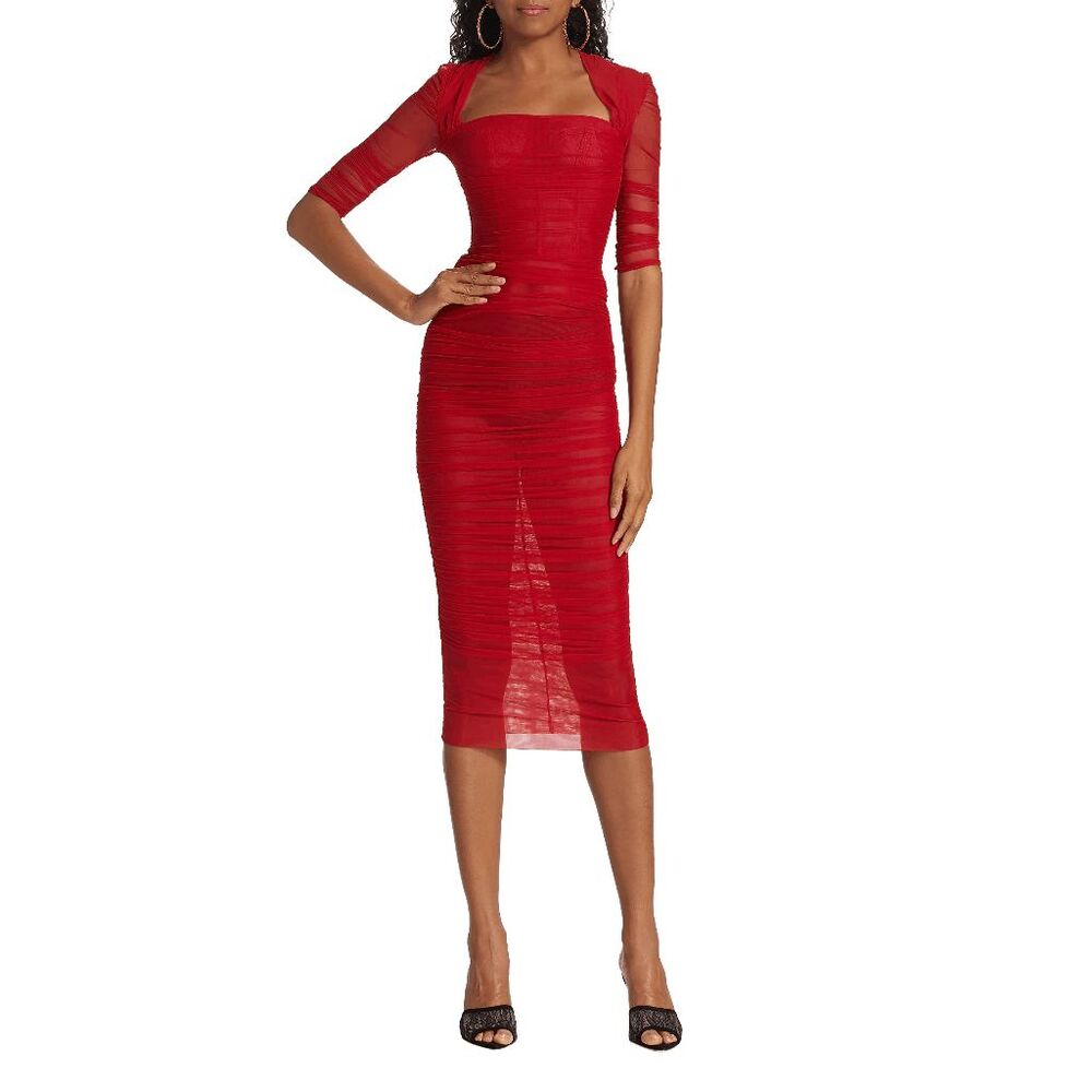 Dolce&Gabbana Ruched Tulle Midi-Dress in Rosso Lampone IT 36 / US 0 $3295